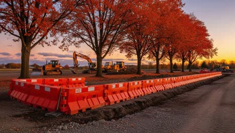 a stunning autumn landscape featuring construction equipment amidst vibrant fall foliage and safety barriers along a rustic pathway at dusk