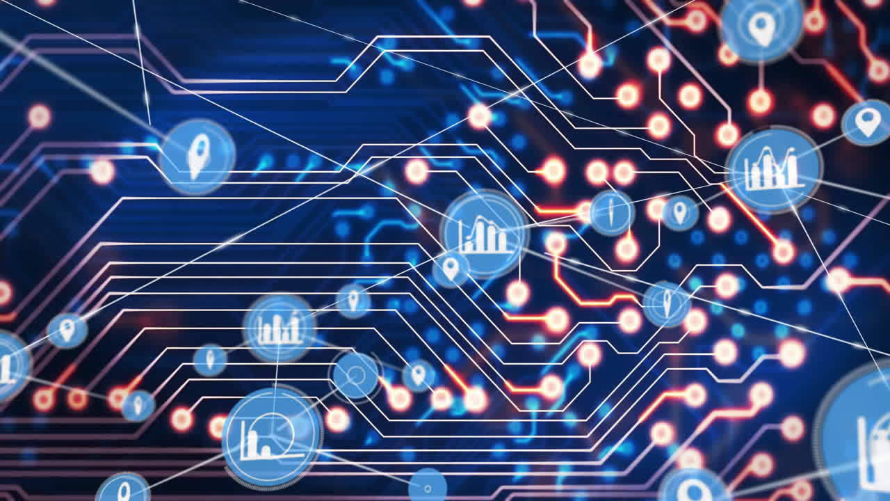 placa de circuitos con animación de procesamiento de datos sobre fondo azul con nodos brillantes
