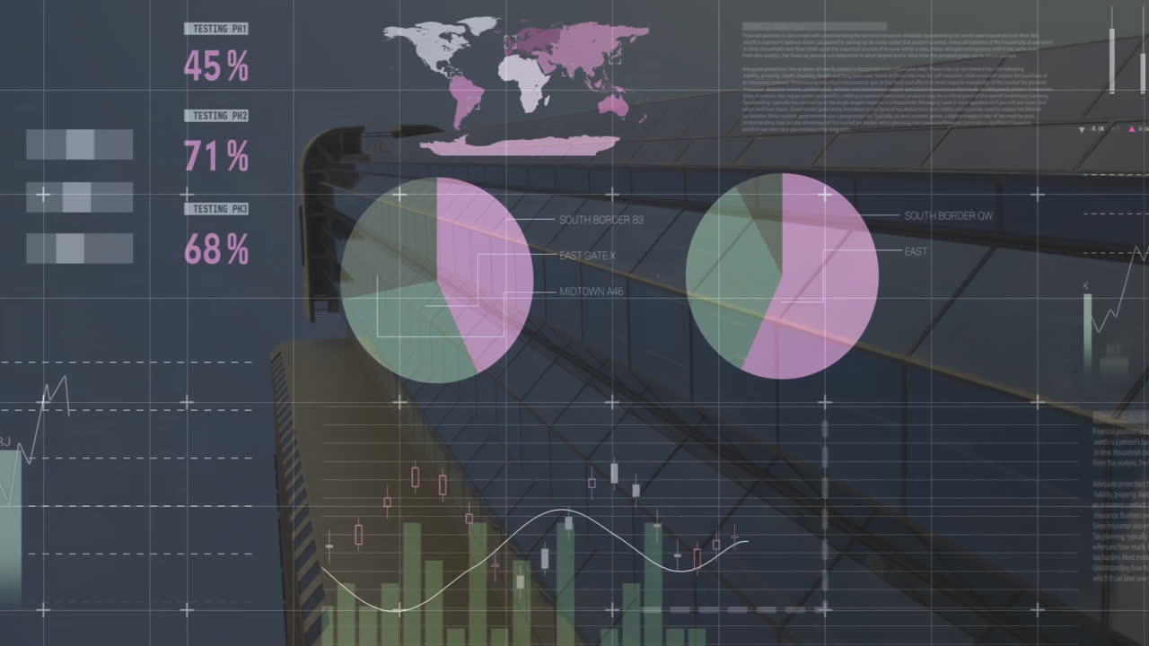 Animation of data analytics and global statistics on modern architectural background