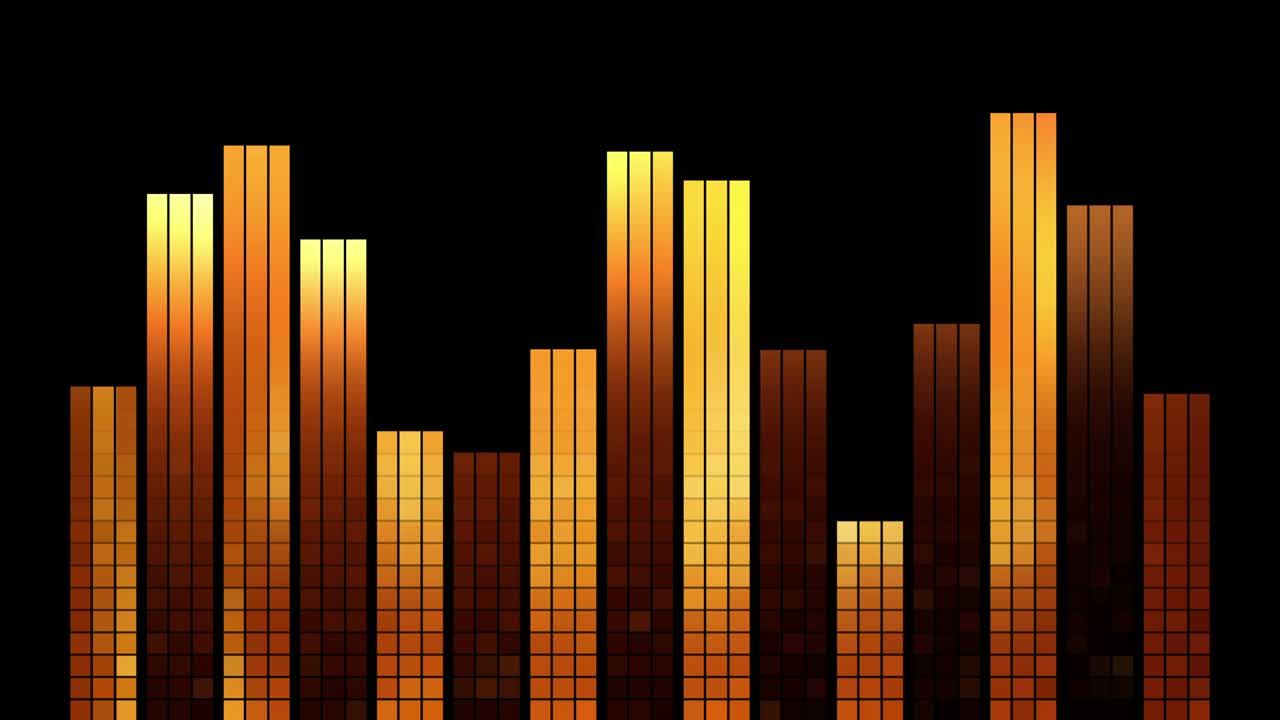 Fiery digital equalizer. The animation of the pixel bars is in sync with the bulk of the rhythmic musical themes. For shows and concerts, DJ sets, clips, advertisements, dance music.