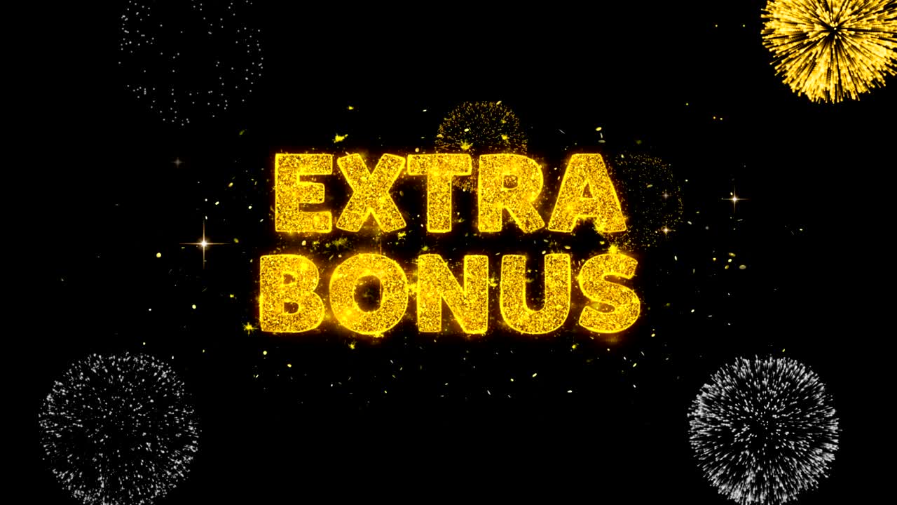 Enthüllung des Textes 'Extra Bonus' auf glitzerndem goldenem Partikel-Feuerwerk