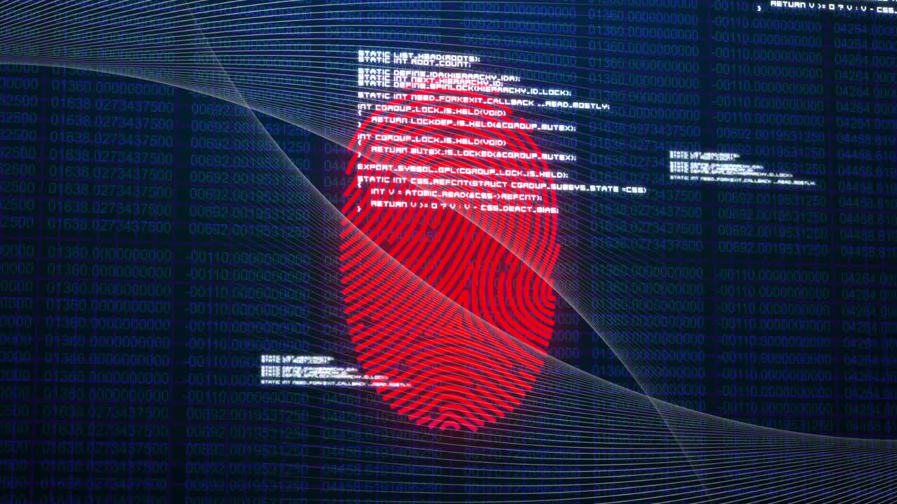 animazione delle impronte digitali e elaborazione dei dati su sfondo nero