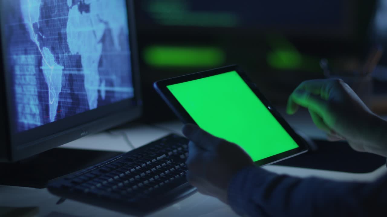 직장인: 작업에서 녹색 화면을 가진 태블릿을 사용하고 있습니다.