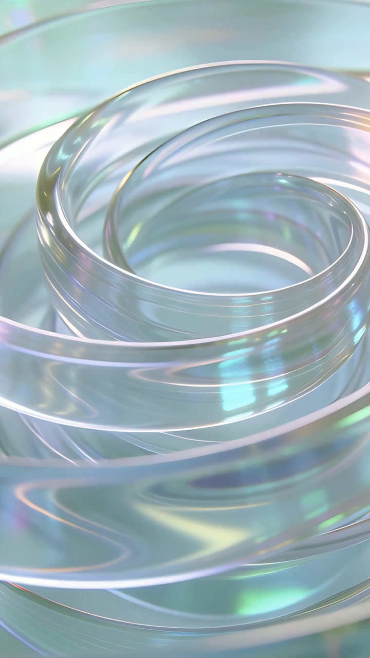 Vertical video: Moving camera toward clear spiral coil in studio, revealing pastel iridescent curl