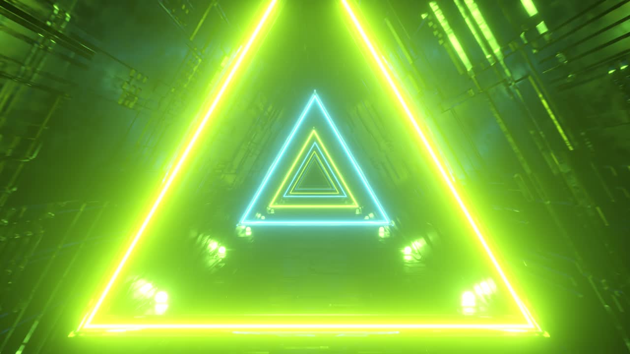 túnel de ciencia ficción con triángulos de neón. vuelo sin fin hacia adelante. iluminación de neón moderna. bucle sin costuras 3d render