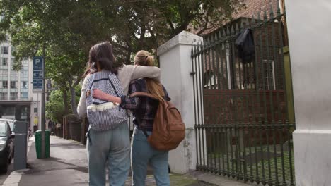 rear view of a caucasian and a mixed race girl walking in the street