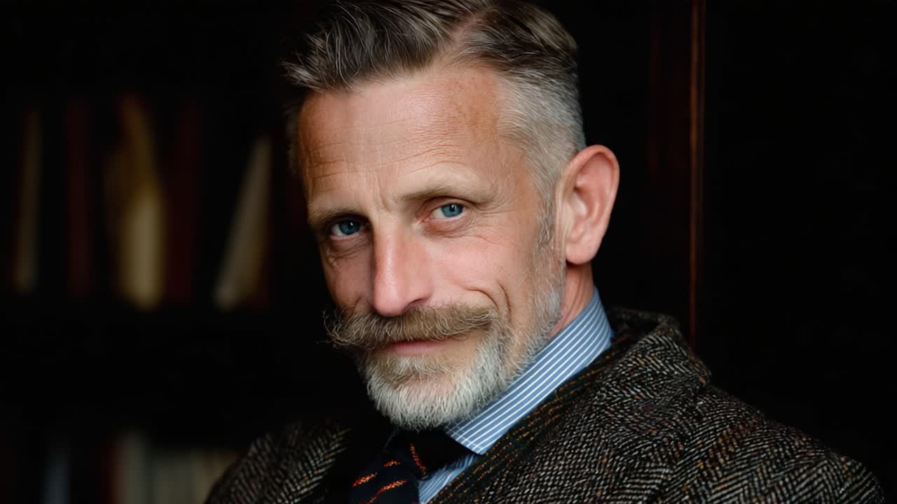 Et charmerende portræt af en distingveret herre, der udstråler selvtillid og stil med et distingveret overskæg og klassisk påklædning, sat mod en rig tekstureret baggrund