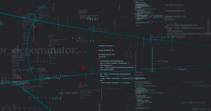 Floating C++ panels digits emerging dark void, green lines tilting red nodes pulsing showing data