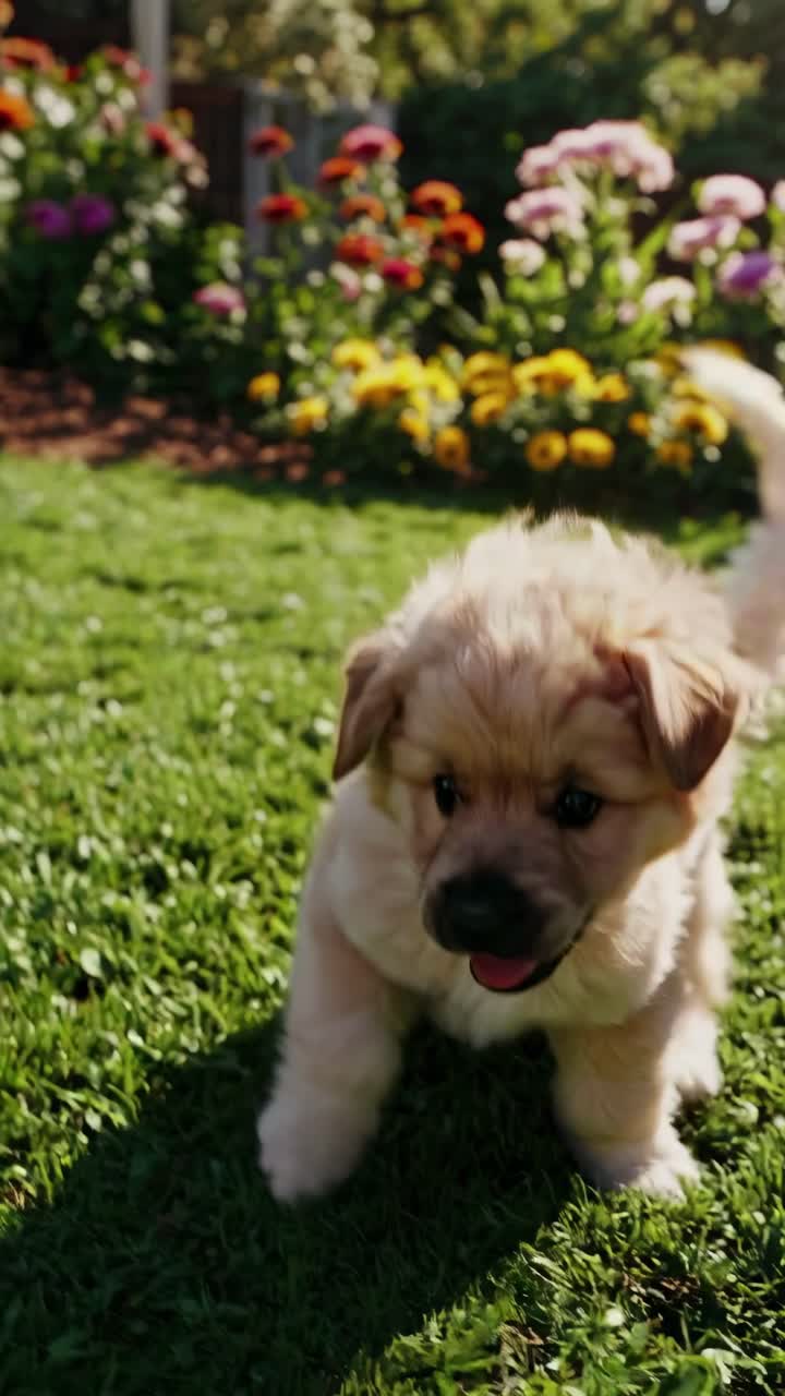 Un cachorro juguetón retoza en un césped bañado por el sol, rodeado de flores vibrantes