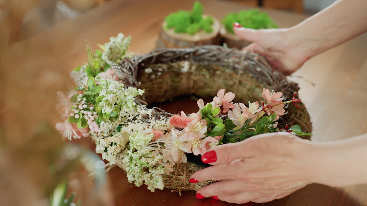 Hands of florist arranging handmade wreath decorated with pink blossoms, white flowers, green leaves, berries on straw base, placed on wooden table in creative workshop,decorative craftwork
