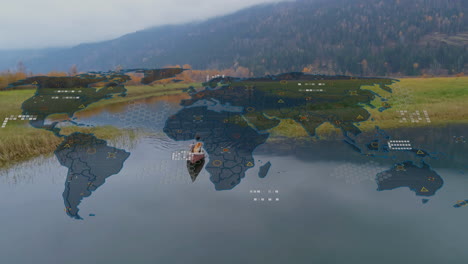 kayaking on lake, person exploring animation with digital world map overlay