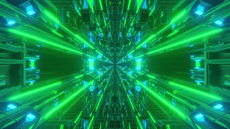 animation of immersing through highly reflective long hollow space tunnel with converging bright green lines towards the center