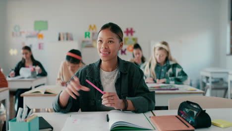 High-school,-girl-and-raised-hand-for-answer