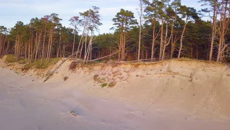 美麗的空中建立波羅的海海岸景觀在陽光明<unk>的晚上,金色小時,白沙海灘,海岸侵,氣候變化,廣角上升無人機拍攝向前移動