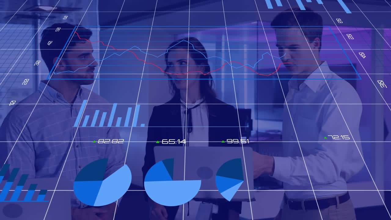 Animation of changing numbers, multiple graphs over diverse coworkers discussing and shaking hands