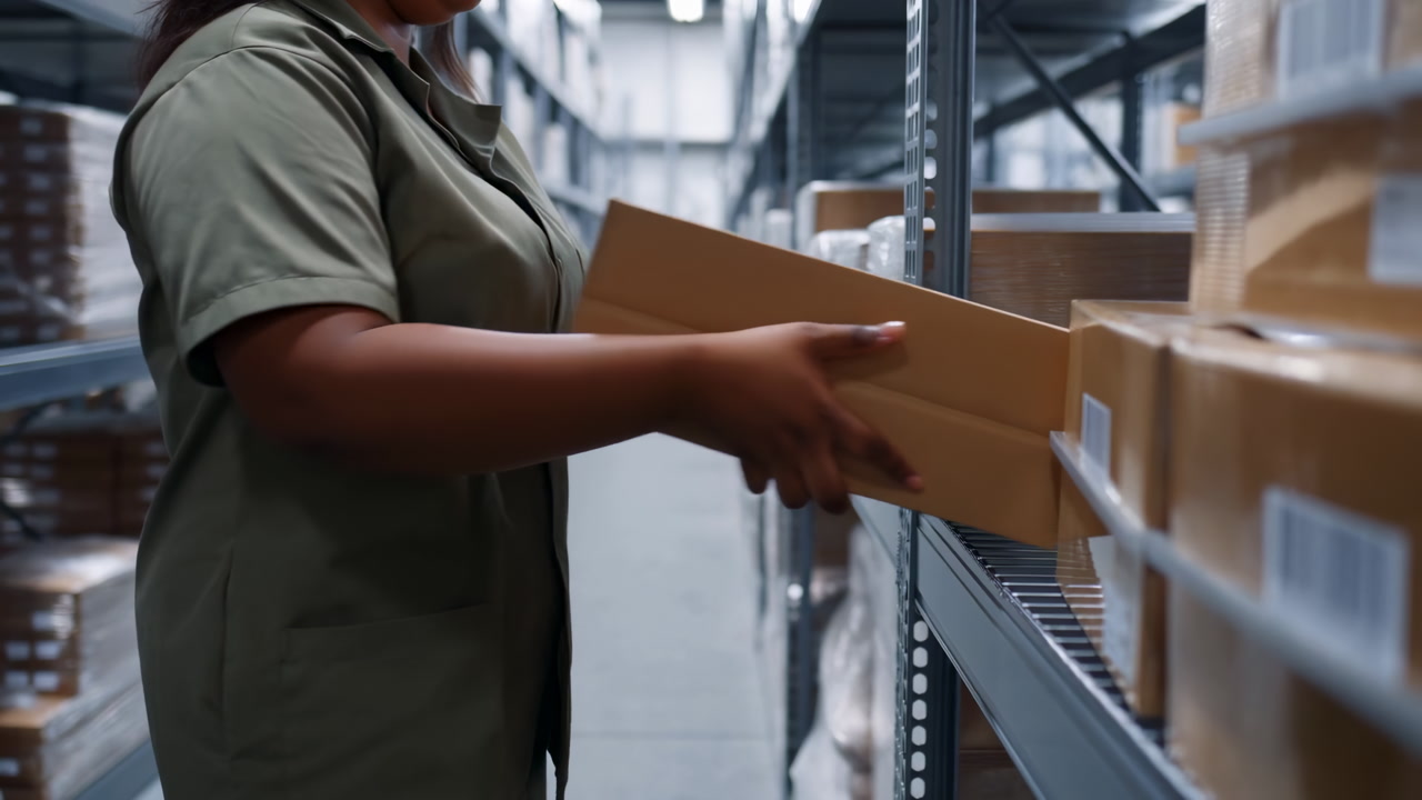 Warehouse Worker Placing Box On Shelf, Order Fulfillment Associate In Green Uniform Grips Labeled Cardboard
