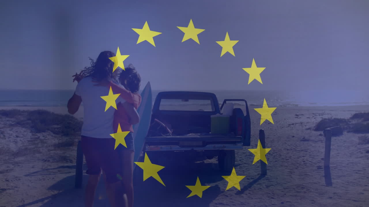 Embracing by truck on beach, couple with European Union stars animation