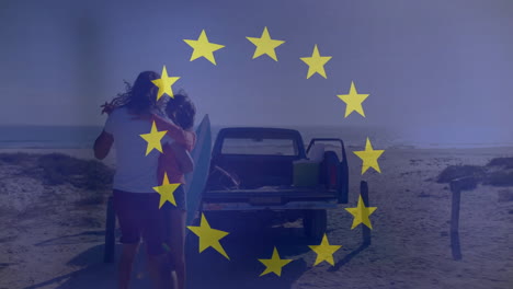 embracing by truck on beach, couple with european union stars animation