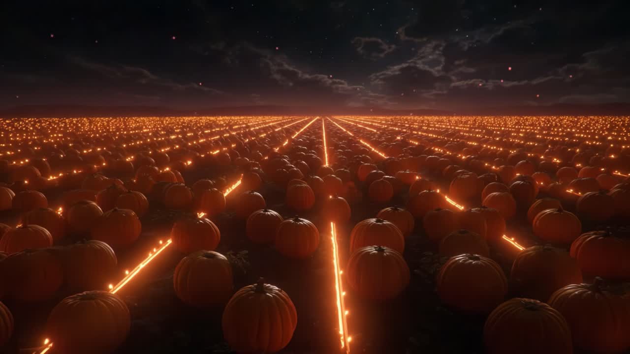 A Stunning Night Landscape of Illuminated Pumpkins in a Vast Field Under a Starry Sky, Showcasing the Beauty of Autumn Harvest and Festive Atmosphere
