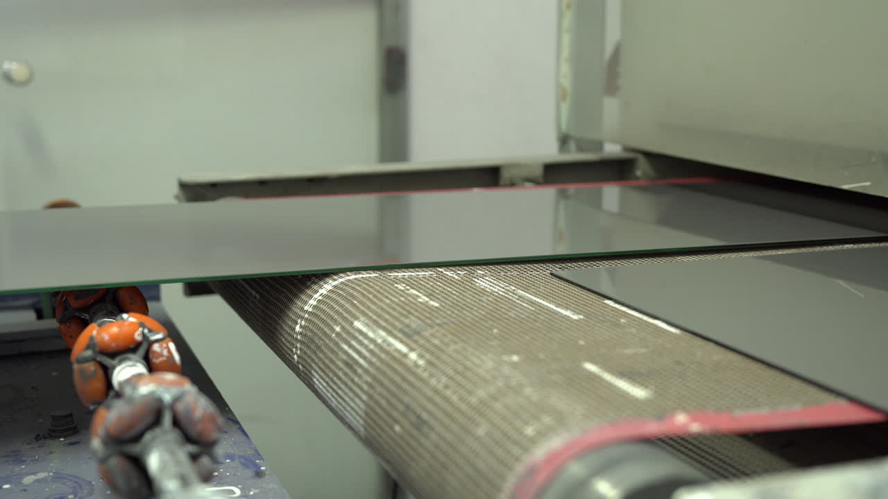 유리에 페인트를 건조시키는 페인트 경화 기계로 이어지는 산업 컨베이어의 유리 패널