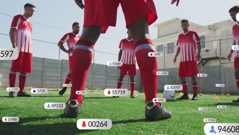 Animation-of-multiple-notification-bars-over-diverse-soccer-player-doing-passing-drill-on-ground
