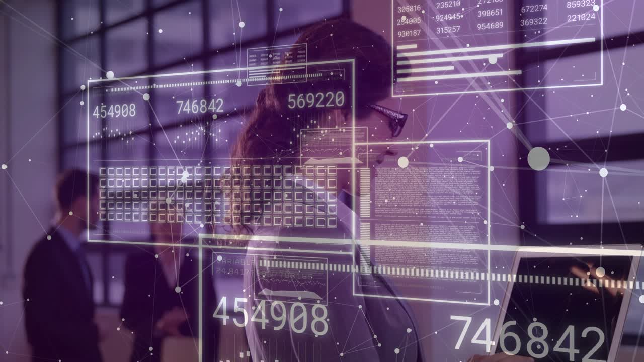 Business executive typing on laptop in meeting starting HUD floating over laptop updating charts