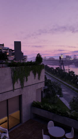 paisaje de la ciudad al atardecer desde un balcón en el techo