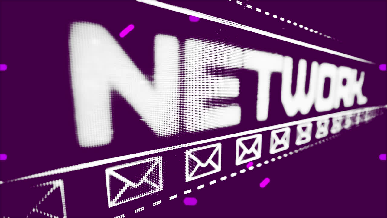 animación de la red social de texto, escáner circular rosado y iconos de sobres de correo electrónico en fondo oscuro