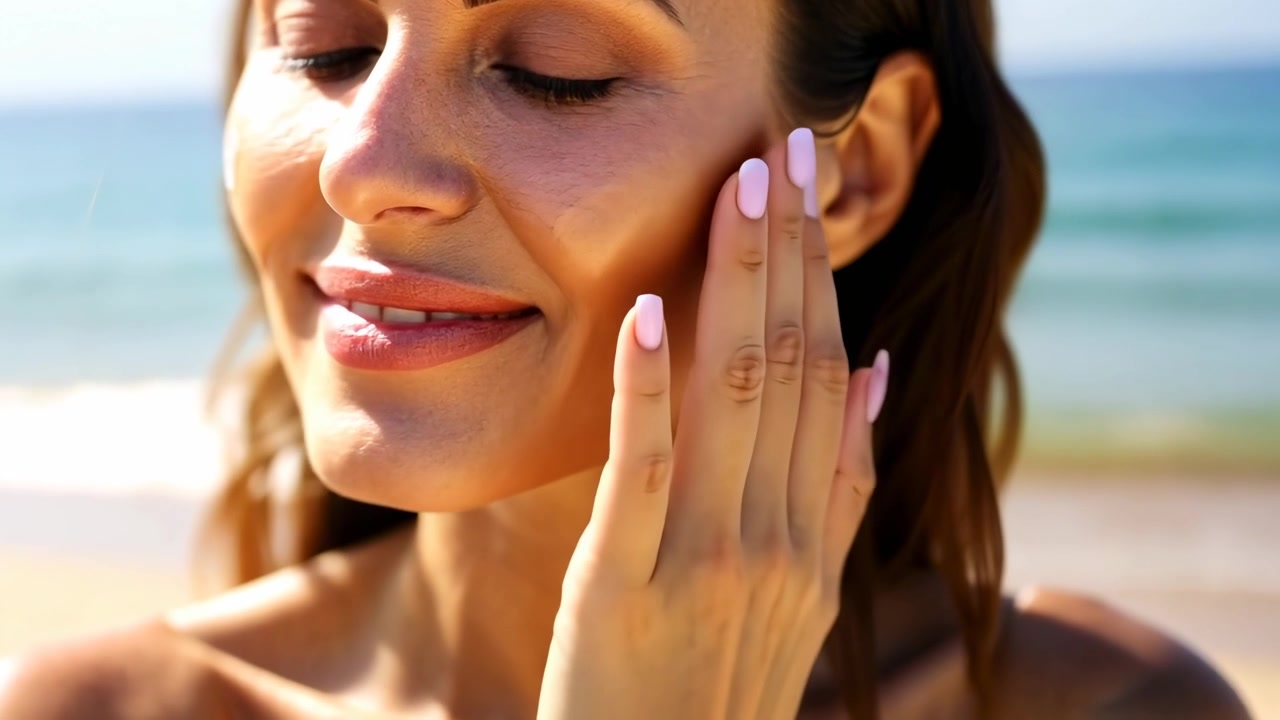 Smiling Woman Applying Sunscreen to Her Face on a Sunny Beach