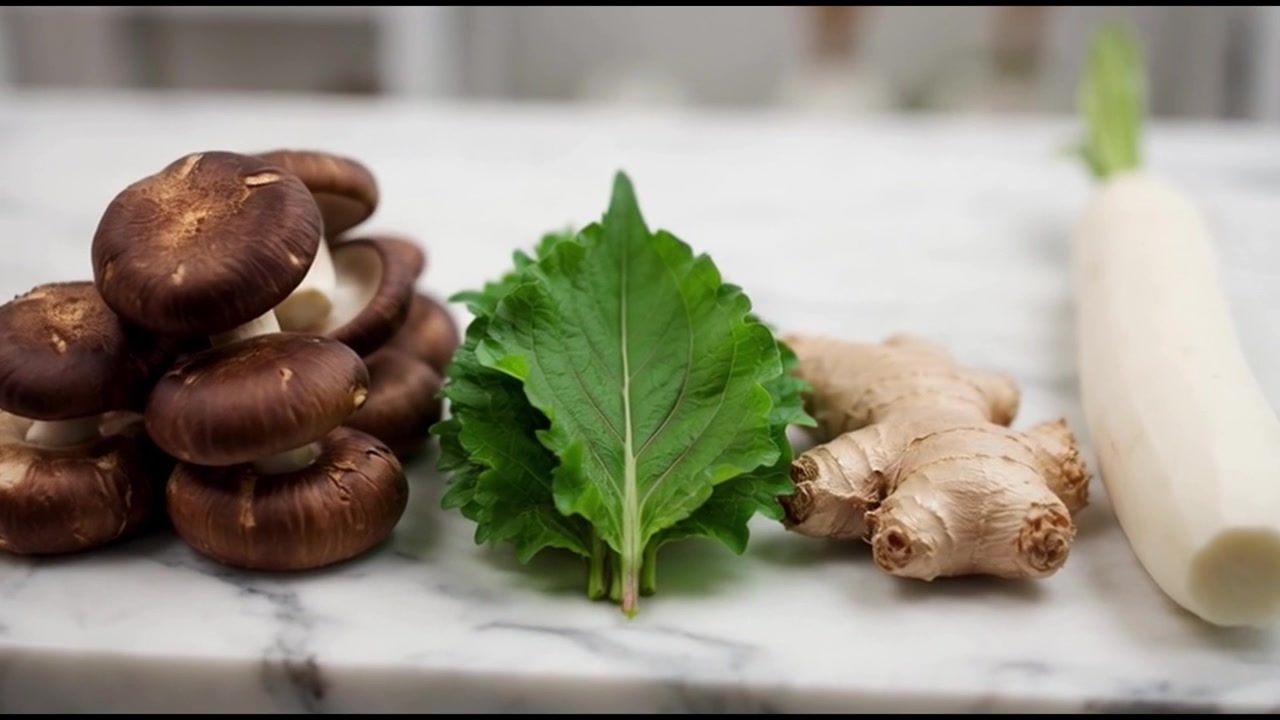 Funghi Shiitake freschi, foglie di Perilla, zenzero e ravanello Daikon su un piano di lavoro in marmo