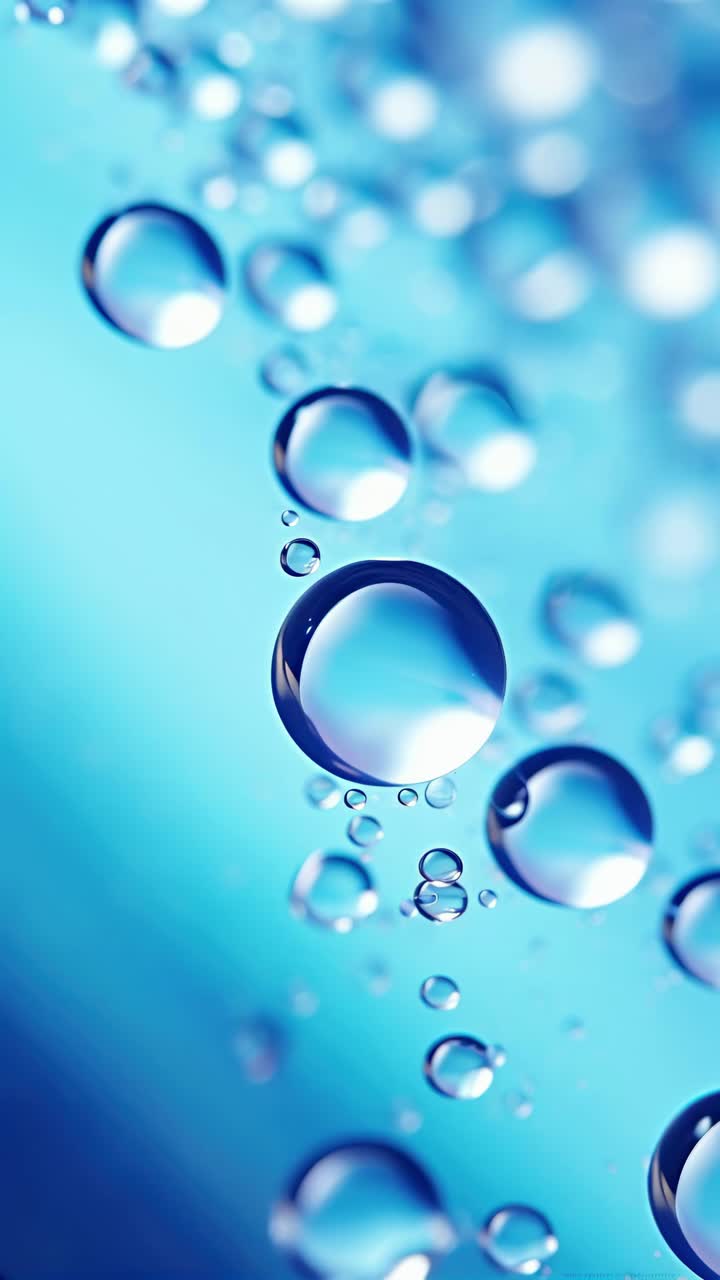 Primo piano di gocce d'acqua su una superficie di vetro con un vivace sfondo blu