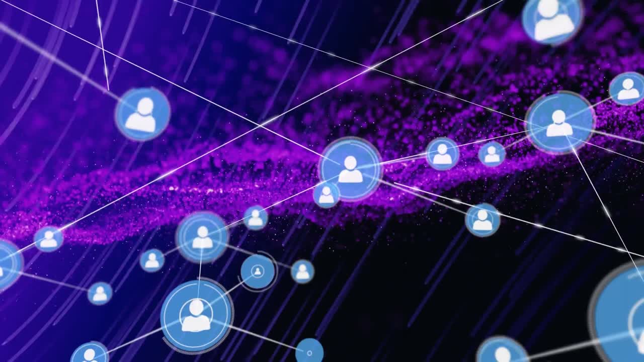 animación de la red de conexiones con iconos y puntos sobre fondo negro