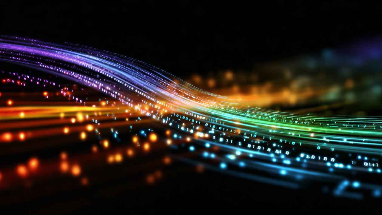 Vibrant digital waves illuminated in a spectrum of colors, showcasing a mesmerizing interplay of light and motion that embodies the essence of modern technology and data transformation