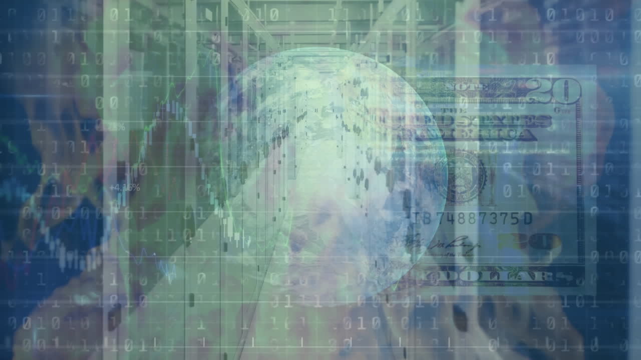 animación del procesamiento de datos con globo sobre billete de dólar y sala de servidores