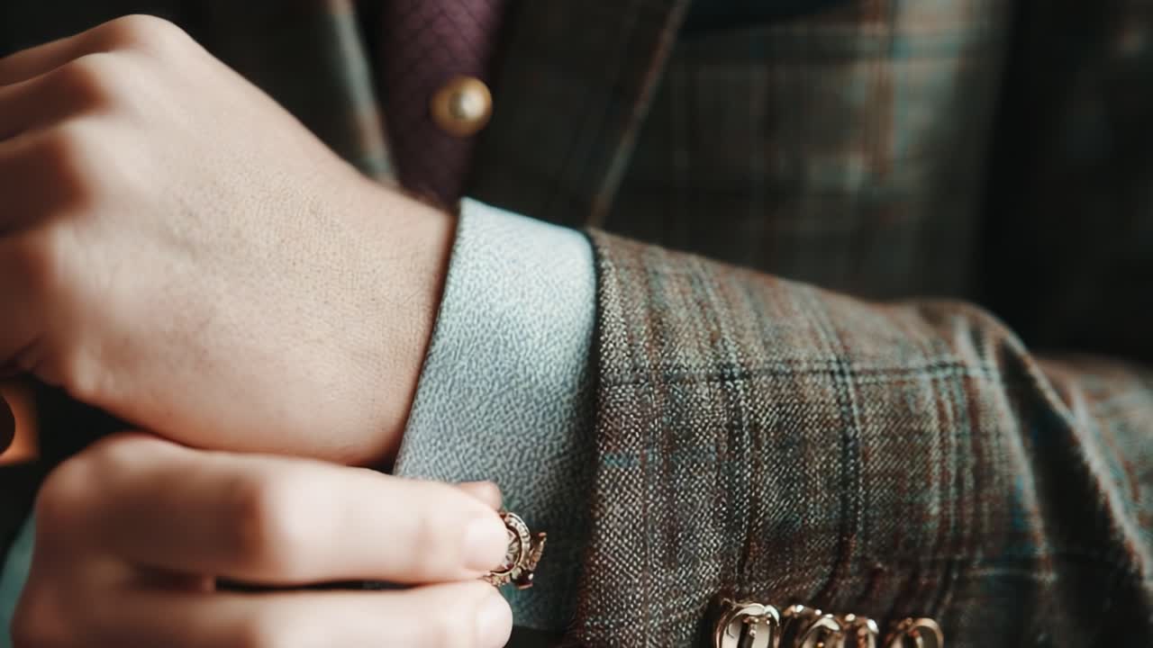 A Close-Up Look at Stylish Cufflinks on a Tailored Suit, Showcasing Impeccable Craftsmanship and Attention to Detail in Menswear Fashion