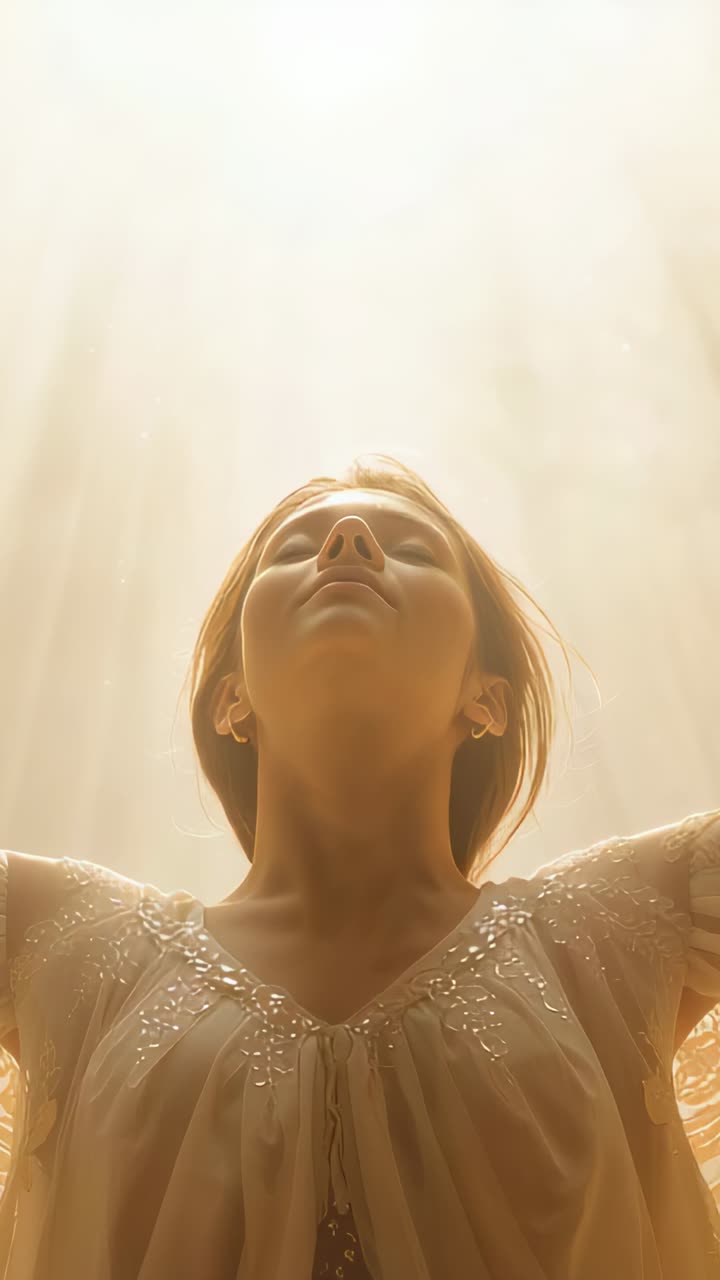 Vertical video: Holding center woman wearing beaded blouse tilting up in studio light drawing gaze