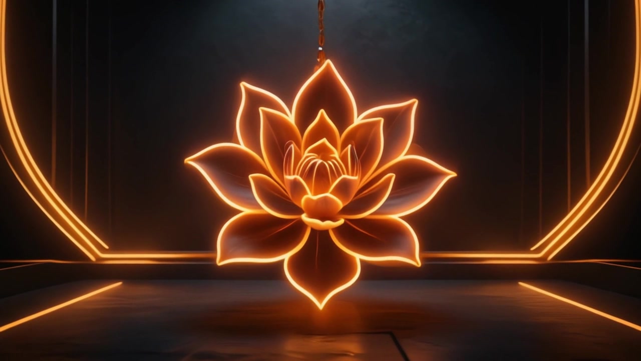 Fiore di loto dorato luminoso sospeso in uno spazio scuro e minimalista