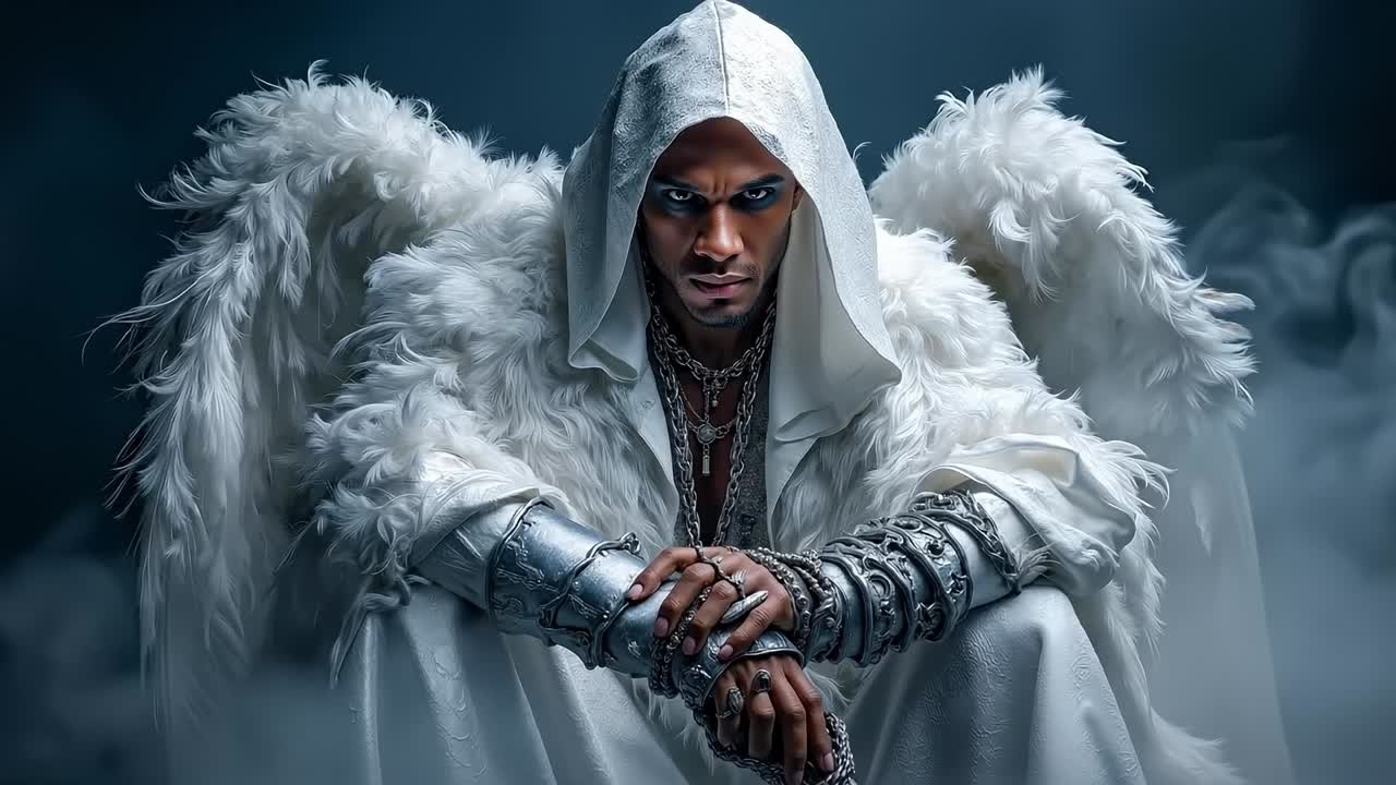 A man dressed as an angel with white feathers on his arms