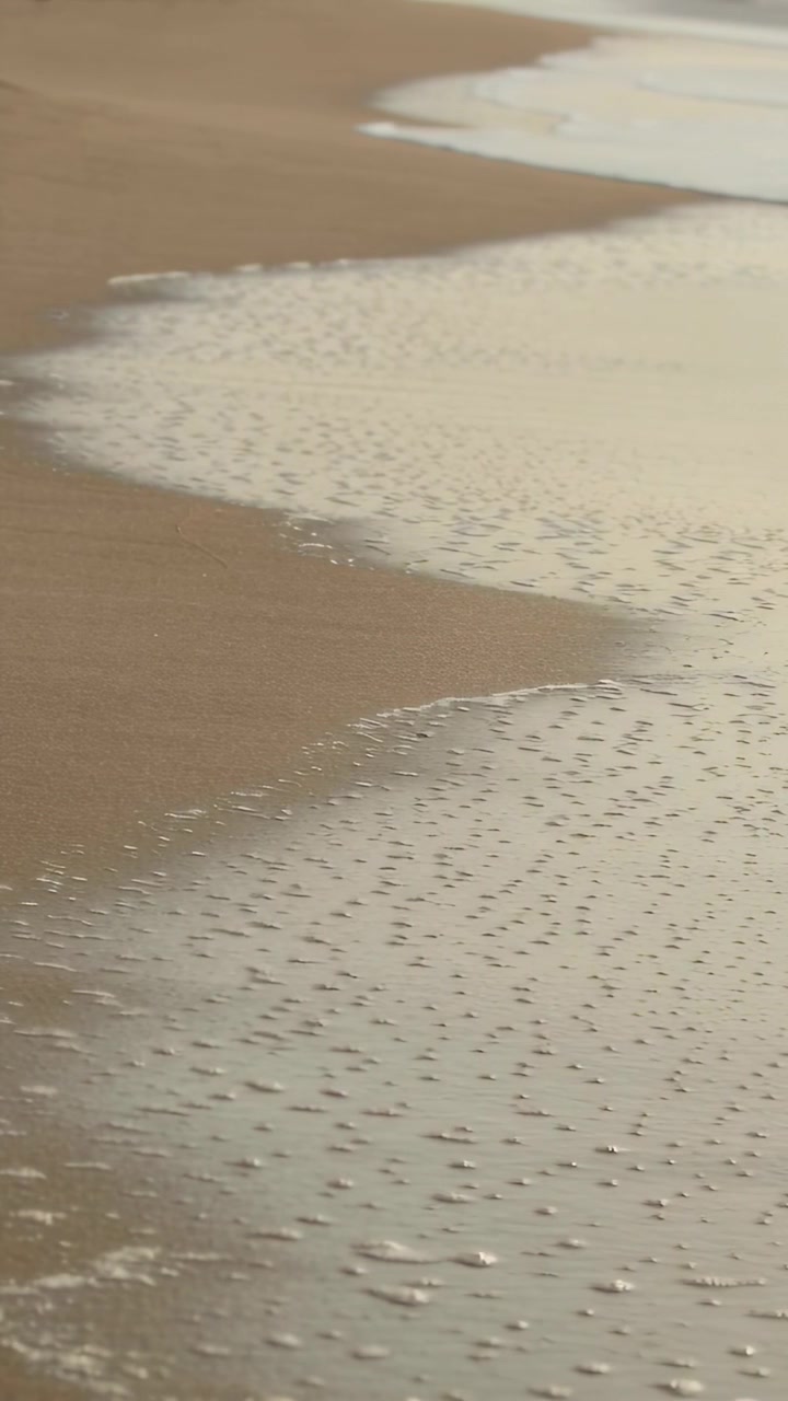 Vertikal video: Fremadskridende lavt brænding drevet af tidevand på strand, udjævner sand og danner skum.