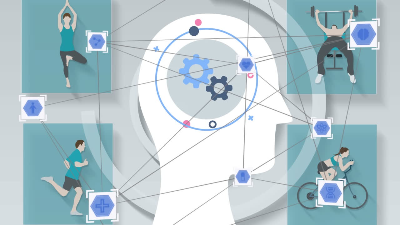 회색 배경의 피트니스 아이콘에 대한 인간의 머리 위의 디지털 아이콘 네트워크