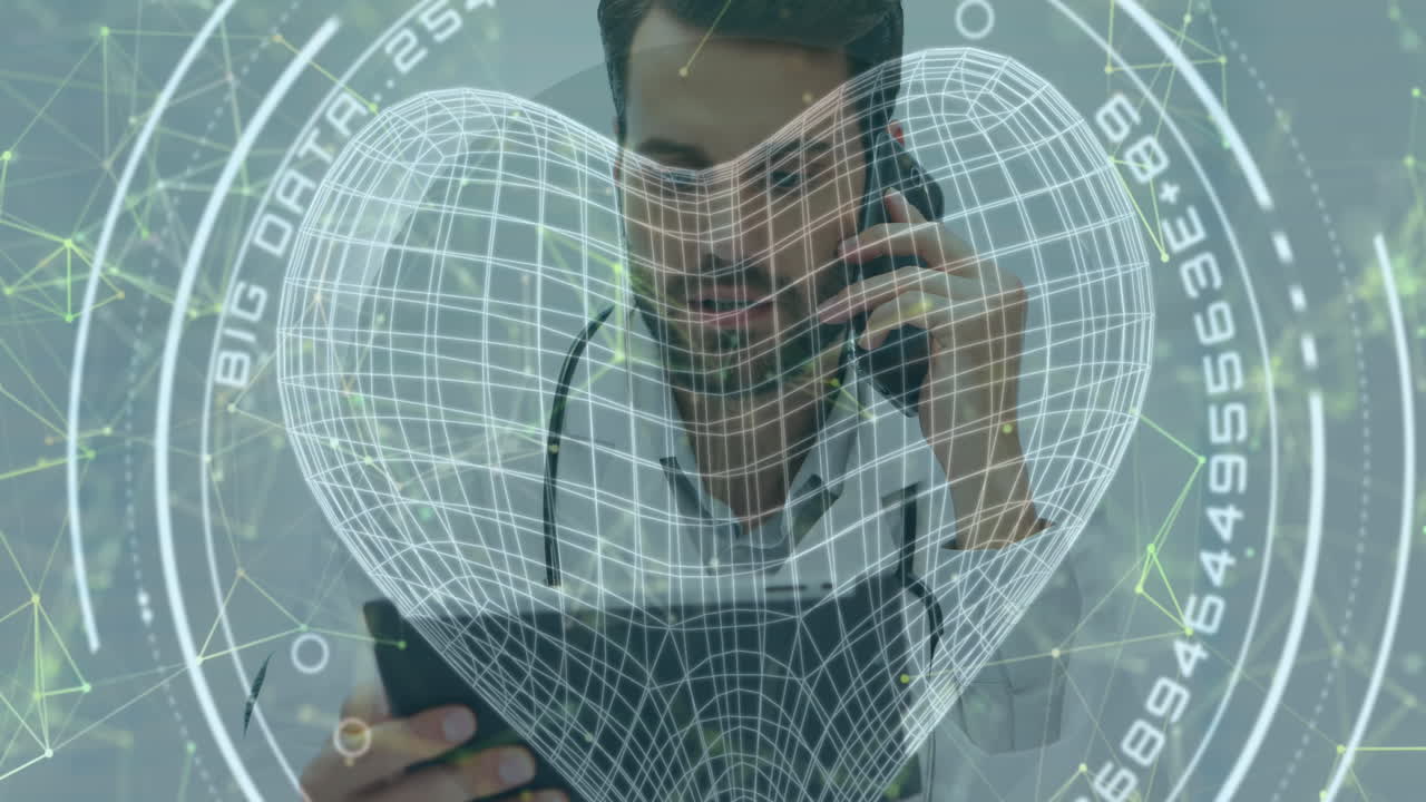 태블릿과 스마트 폰을 사용하는 남성 의사를 통해 스캐너, 심장 및 연결 네트워크의 애니메이션