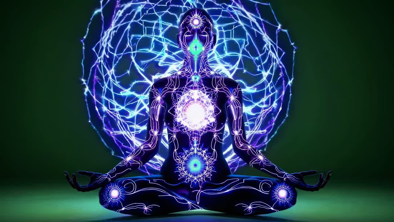 Un concetto video di arte digitale che mostra una figura in meditazione con chakra luminosi
