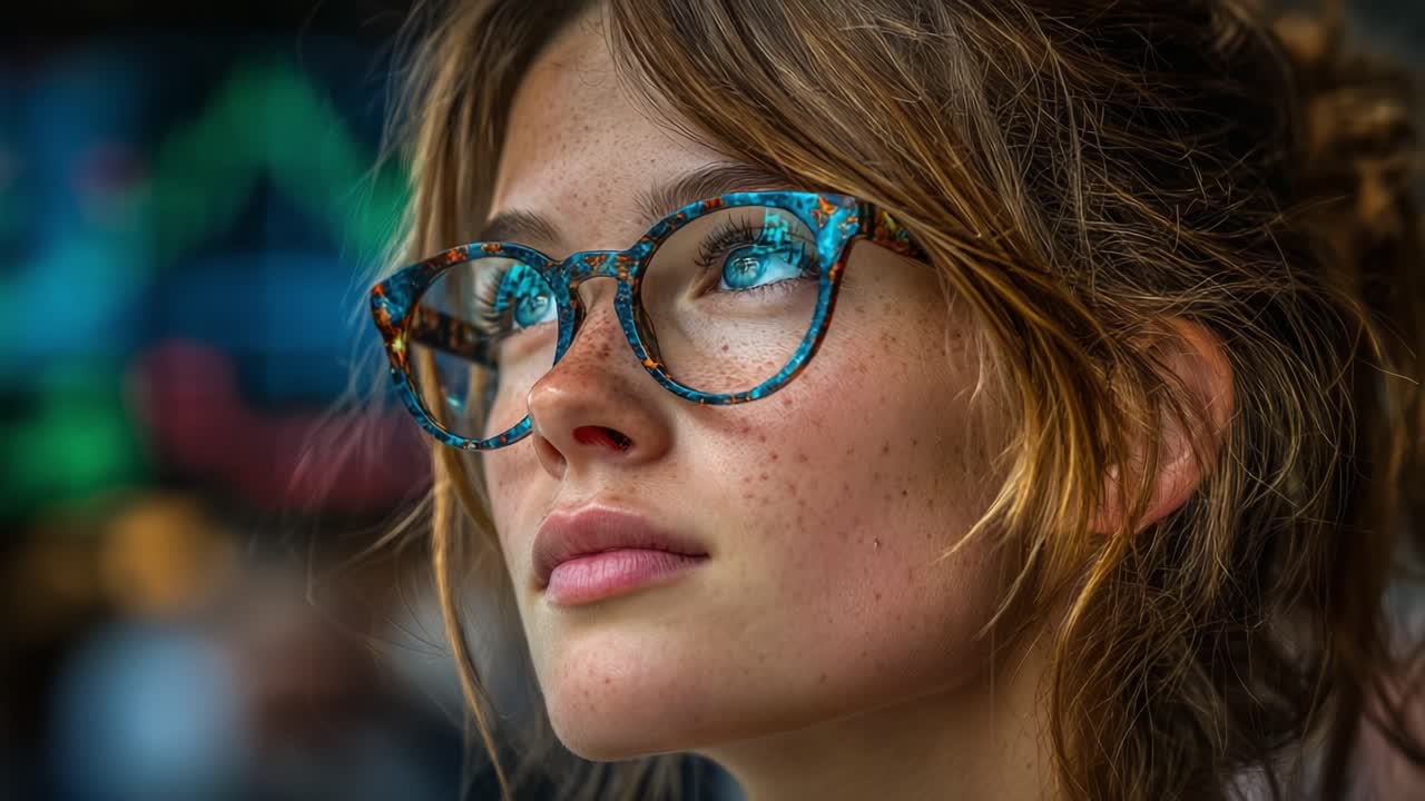 Captivating Close-Up of a Young Woman with Colorful Glasses, Highlighting Her Expressive Eyes and Freckles Against a Dynamic Background