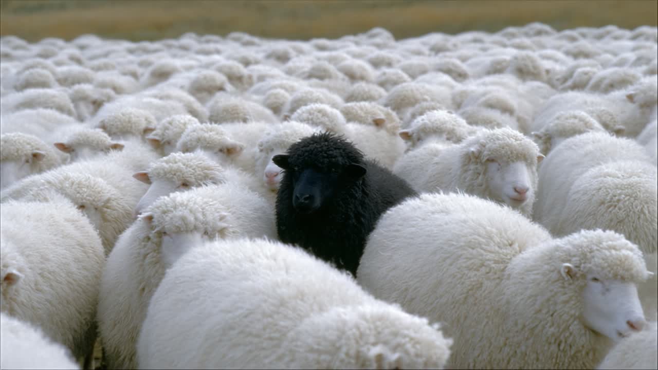 A Distinctive Black Sheep Standing Out Amidst a Sea of White Sheep, Capturing the Contrast of Color and Individuality in a Pastoral Landscape