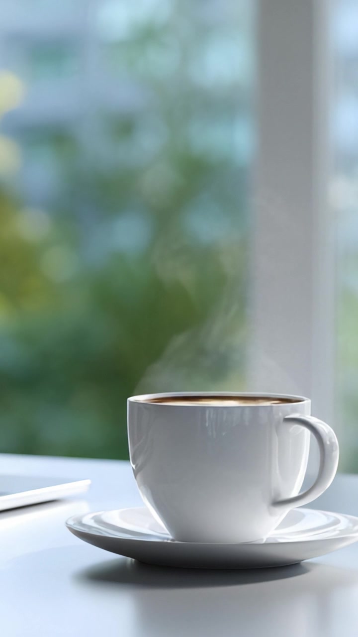 Una mattina serena con una tazza di caffè fumante ambientata su uno sfondo leggermente sfocato di vegetazione e luce naturale, perfetta per momenti accoglienti e di riflessione.
