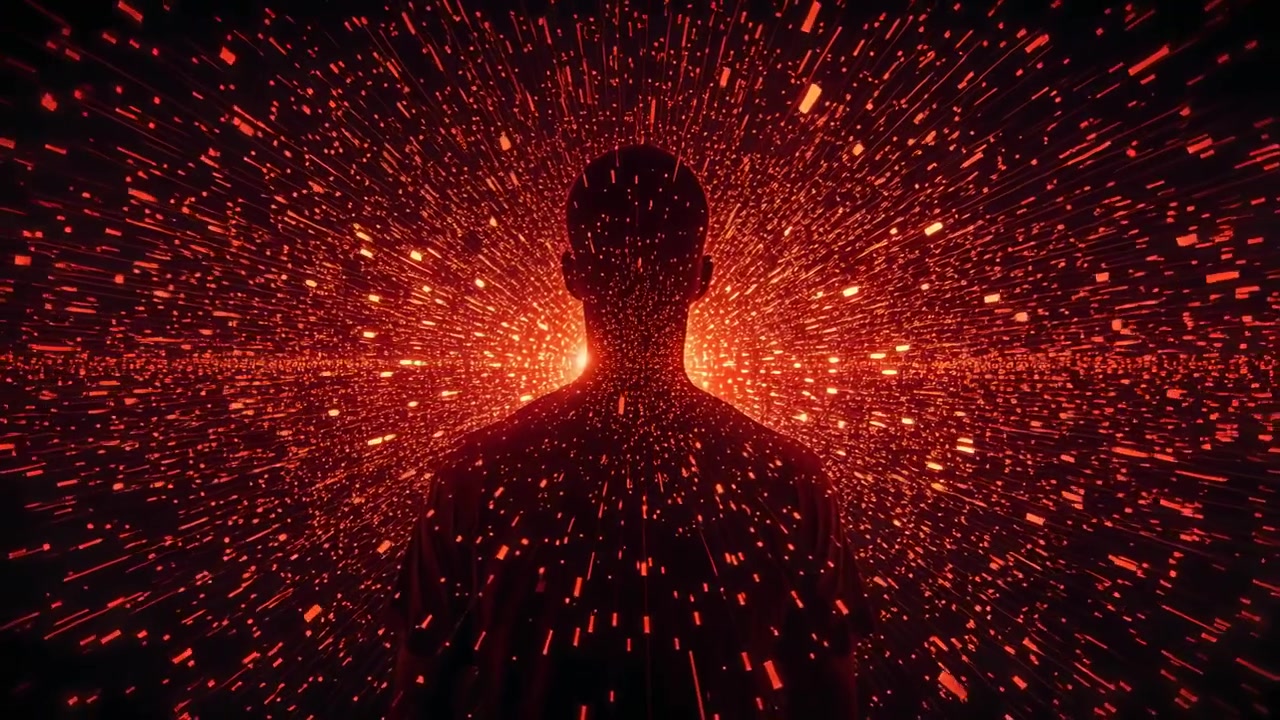Uomo in piedi, in silhouette, di fronte a una luce rossa che emerge da dietro la testa in studio, scintille che si diffondono e creano profondità.