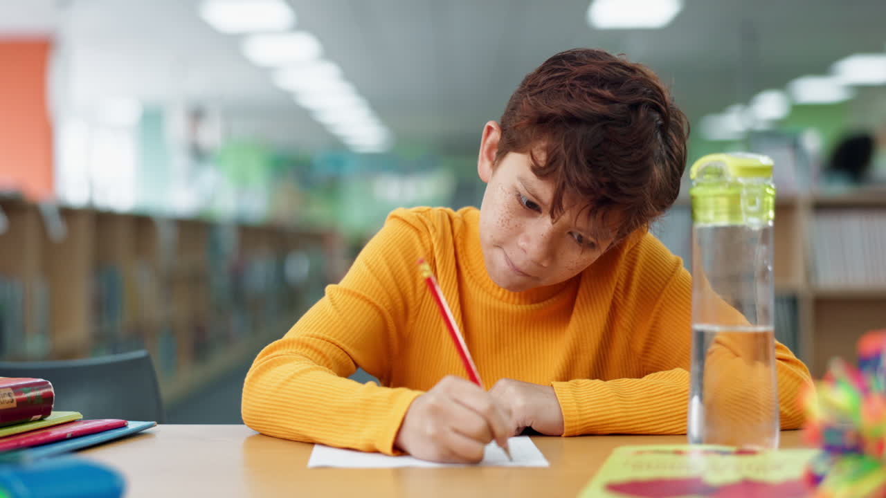Un bambino che studia a una scrivania in biblioteca