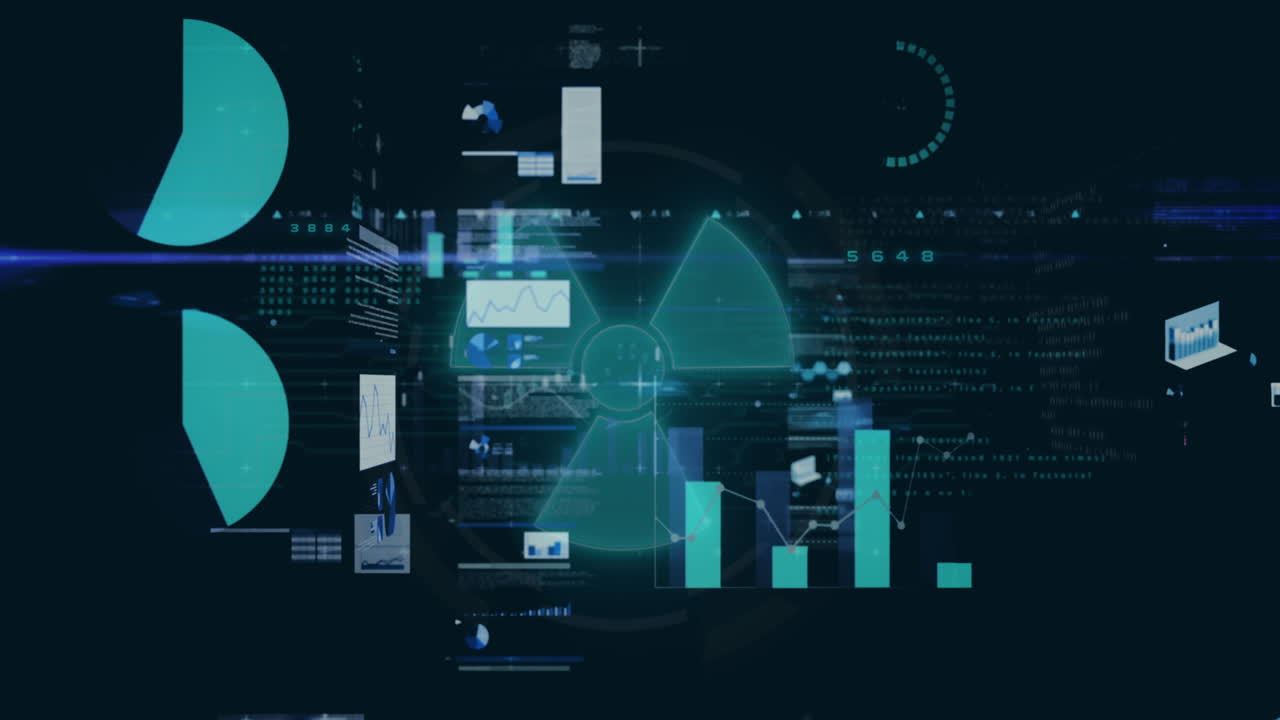 animación de múltiples gráficos y tablero de comercio sobre el símbolo de advertencia de radiación y el lenguaje informático