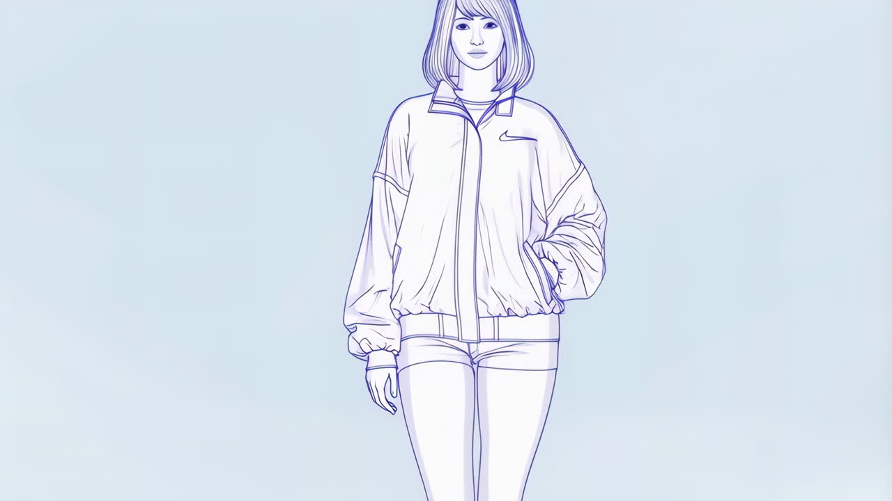 Anime Style Line Art of a Person in a Bomber Jacket and Shorts