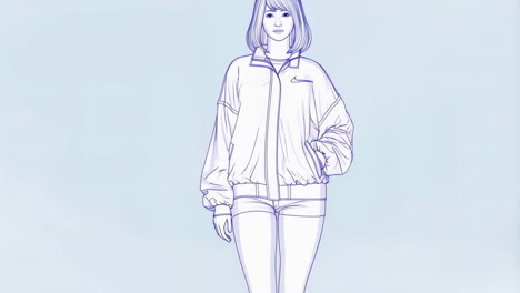 anime style line art of a person in a bomber jacket and shorts
